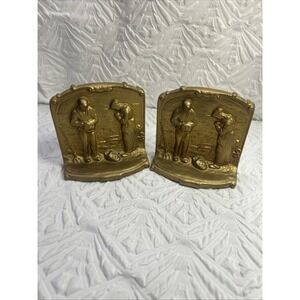 Antique Geo C Knox Co Cast Metal Figural Bookends Brass Farm Couple Pair 1920s